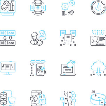 Information system linear icons set. Database, Integration, Analytics, Access, Automation, Collaboration, Connectivity line vector and concept signs. Support,Development,Security outline illustrations