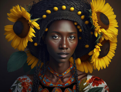Black ukrainian woman in traditional clothes with sunflowers generative ai image