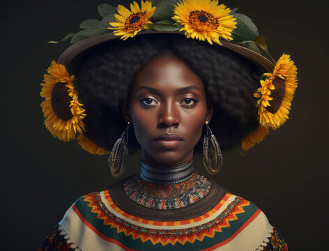 Black woman in traditional urkainian clothes with sunflowers in her heair, generative ai image