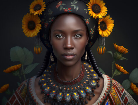 Beautiful black woman in traditional urkainian clothes with sunflowers in her heair, generative ai image