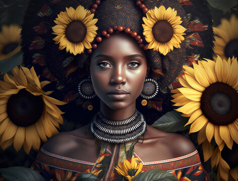 Black ukrainian girl in traditional clothes with sunflowers generative ai image