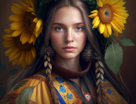 Ukrainian girl in traditional clothes with sunflowers generative ai image