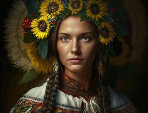 Ukrainian woman in traditional clothes with sunflowers on her head, generative ai image