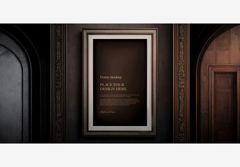 Enhance Your Space With A Stylish Large Picture Frame On A Dark Wall Featuring A Door And Window In The Background Frame Mockup Template Generative AI