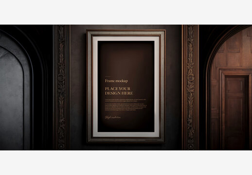 Enhance Your Space With A Stylish Large Picture Frame On A Dark Wall Featuring A Door And Window In The Background Frame Mockup Template Generative AI