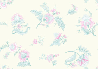 Fantasy flowers in retro, vintage, jacobean embroidery style. Seamless pattern, background. Vector illustration.