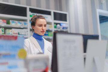 Portrait of young pharmacist selling medication in pharmacy.