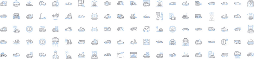 Vehicle and transportation line icons collection. Car, Bike, Train, Plane, Bus, Truck, Motorbike vector and linear illustration. Scooter,Bicycle,Helicopter outline signs set