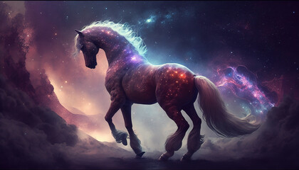 Obraz na płótnie Canvas a majestic white fantasy horse in space, scifi galaxy theme, generative ai technology