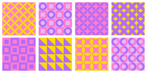Set of seamless patterns with abstract geometric shapes. Colorful vector backgrounds and covers template.  