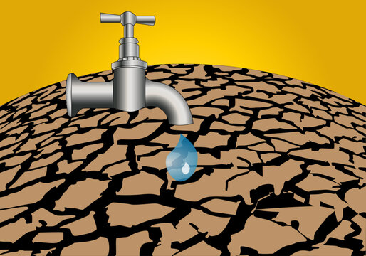 Sequ&iacute;a. Terreno agrietado por falta de agua con grifo goteando. Cambio clim&aacute;tico