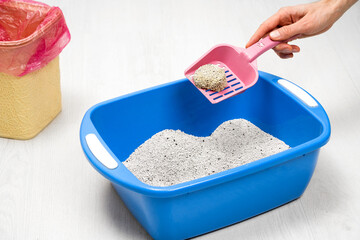 Male hand cleans Clumping Bentonite Cat Litter tray on pink scoop at home. Cleanliness, pet care and hygiene concept