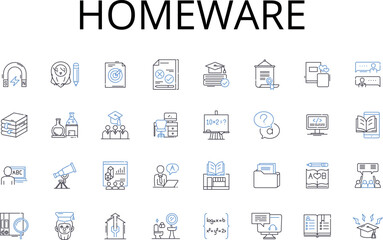 Homeware line icons collection. Cookware, Tableware, Glassware, Flatware, Bedding, Lighting, Furniture vector and linear illustration. Cutlery,Bakeware,Bed linens outline signs set