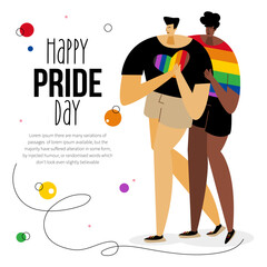 The vector with LGBTQ couple, man and phrase HAPPY PRIDE DAY.  They celebration pride day, LGBT parade. The Illustration good for poster or UI UX design or stories.
