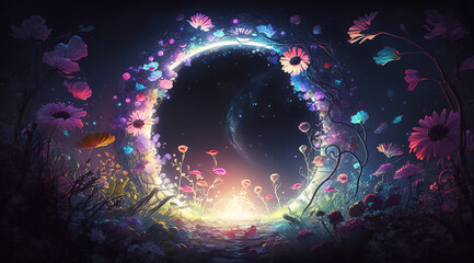 a scifi illustration of a warp portal in space, field of flowers, generative ai technology