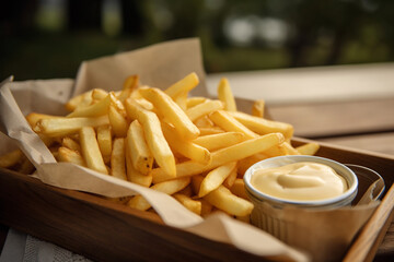 hot and tasty french fries on a table in summer. public outdoor pool snacks with mayonaise on dark wooden table. Generative Ai - obrazy, fototapety, plakaty