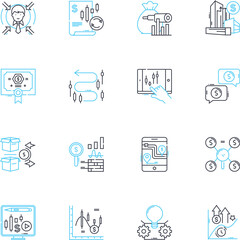 Risk metrics linear icons set. Probability, Volatility, Correlation, Sensitivity, Diversification, Exposure, Liquidity line vector and concept signs. Tail-risk,VaR,Stress-testing outline illustrations