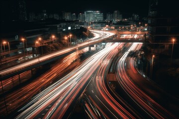 Fototapeta na wymiar Traffic trails of car lights captured through long exposure. Generative AI