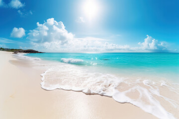 Fototapeta premium Tropical beach with blue sky and white clouds background. Summer vacation and travel concept. Generative ai.