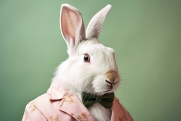 Easter bunny in a professional outfit against pastel backdrop. Generative AI