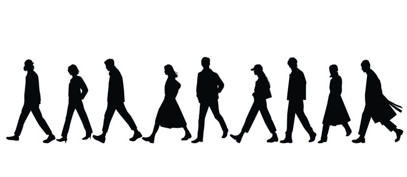 Vector silhouettes of  men and a women, a group of walking  business people, profile, black color isolated on white background
