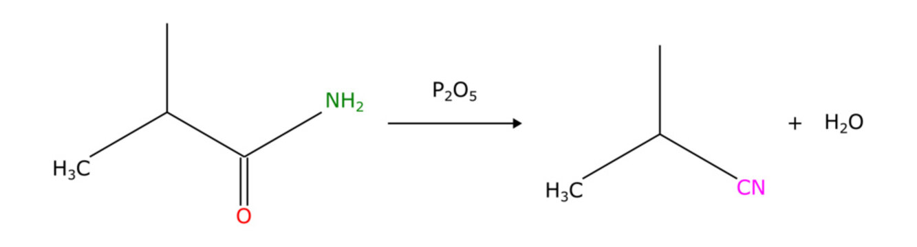 Dehydration of amides primary in the presence of phosphorus pentoxide (P2O5) or thionyl chloride (SOCl2) produces nitriles (&ndash;CN group) chemistry chemical organic reaction