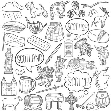 Scotland, Doodle Icons. Hand Made Line Art. Scottish Highlands Clipart Logotype Symbol Design.