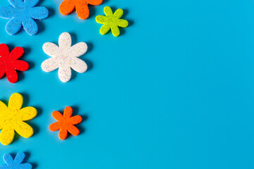 Flower eva foam rubber for decoration isolated on blue background, Decorative foam rubber material for creating artificial handmade flower, View from above.