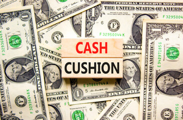 Cash cushion symbol. Concept words Cash cushion on beautiful wooden block. Beautiful background from dollar bills. Business and Cash cushion concept. Copy space.