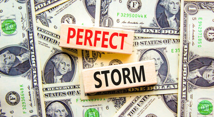 Perfect storm symbol. Concept words Perfect storm on beautiful wooden block. Beautiful background...