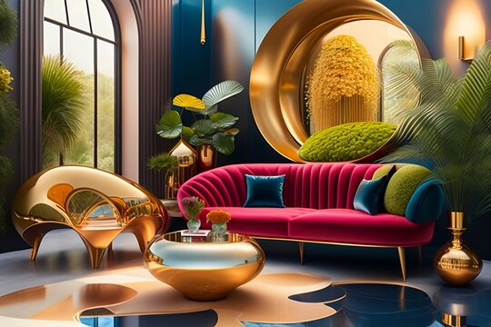 colorful depiction of a palacial interior with green plants, flowers, glass vases and sitting room setting