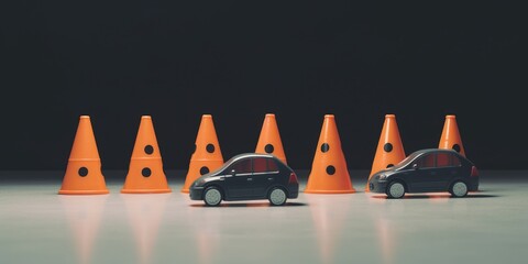 Lineup of traffic cones and a car with a learners permit sticker, displayed against an instructional, beginner-focused backdrop, concept of Road safety awareness, created with Generative AI technology