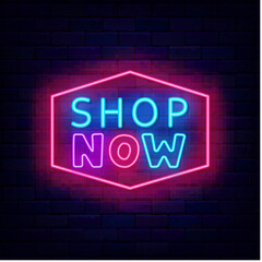 Shop now neon label. Pink polygonal frame. Sale signboard. Special offer emblem. Vector illustration