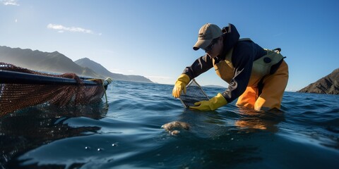 A marine biologist releasing tagged fish back into the ocean, contrasted against a research-focused backdrop, concept of Ecological conservation, created with Generative AI technology - obrazy, fototapety, plakaty