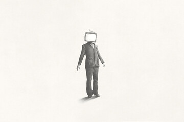 Illustration of man with television over his head, propaganda symbol surreal concept