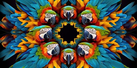 Group of colorful macaws forming a living kaleidoscope pattern against a monochromatic backdrop, showing bright plumage, concept of Symmetrical arrangement, created with Generative AI technology