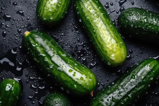 Fresh wet cucumbers, tasty juicy vegetable closeup organic cucumber background
