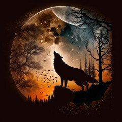 wolf howling on the moon