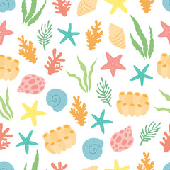 Seamless pattern coral seaweed starfish vector illustration
