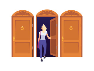 Young woman enters central of three identical brown doors flat style