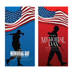 Memorial Day - Remember and honor the United States flag and the soldier holding a gun. Vector illustration