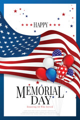 Memorial Day poster templates Vector illustration, USA flag waving with text.
