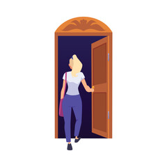 Young woman entering open door flat cartoon vector illustration isolated.