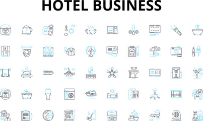 Hotel business linear icons set. Accommodation, Hospitality, Service, Comfort, Luxury, Travel, Room vector symbols and line concept signs. Reservation,Amenities,Restaurant illustration - obrazy, fototapety, plakaty