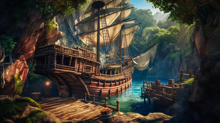 Naklejka premium A forgotten pirate ship docked at a hidden cove, surrounded by lush tropical jungle. Generated AI