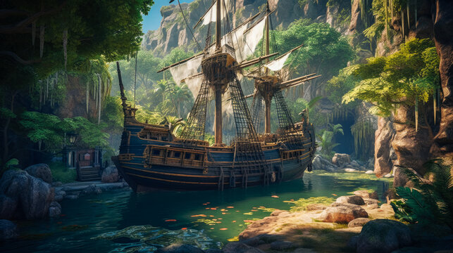A forgotten pirate ship docked at a hidden cove, surrounded by lush tropical jungle. Generated AI