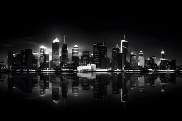 city skyline at night, captured in black and white, generative AI