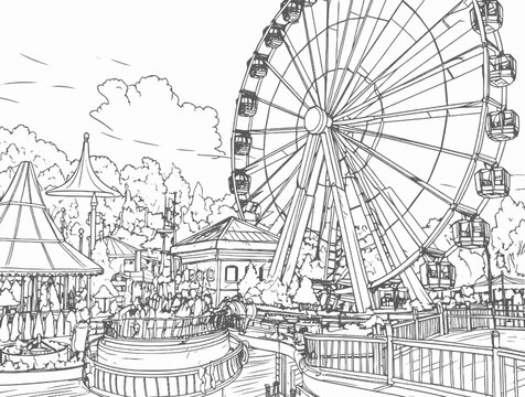 Amusement park with ferris wheel vector coloring book black and white for kids and adults isolated line art on white background.