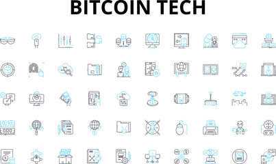 Fototapeta na wymiar Bitcoin tech linear icons set. Cryptocurrency, Blockchain, Mining, Node, Hashrate, Satoshi, Digital vector symbols and line concept signs. Wallet,Ledger,Transaction illustration