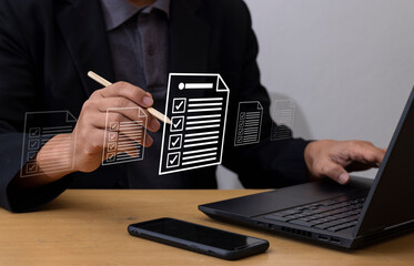 Quick Checklist and Clipboard Management Concepts business people checklist questionnaire evaluation form Checking laptop performance and completing online surveys Effective Assessment Management